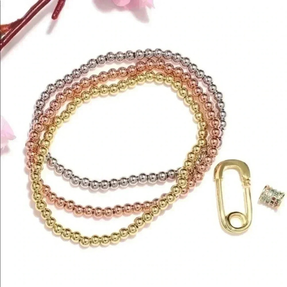 Pretty 3 Tone Beaded Stretch Bracelets Safety Pin Charm NWT - Picture 5 of 5